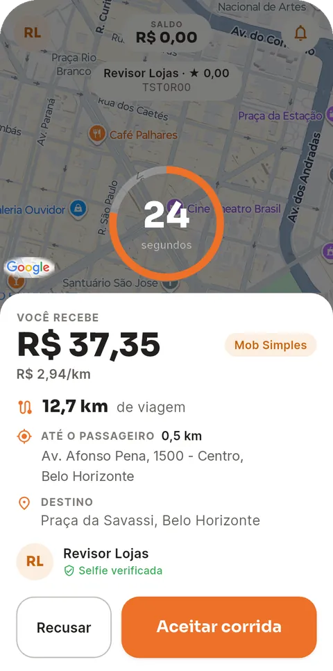 App Bhmob Motorista: oferta de corrida com o valor que o motorista recebe, a distância, o destino e os botões Recusar e Aceitar