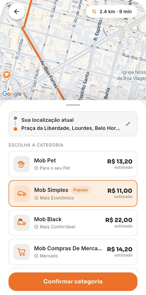 Escolha da categoria no app Bhmob, com o preço estimado e a rota no mapa