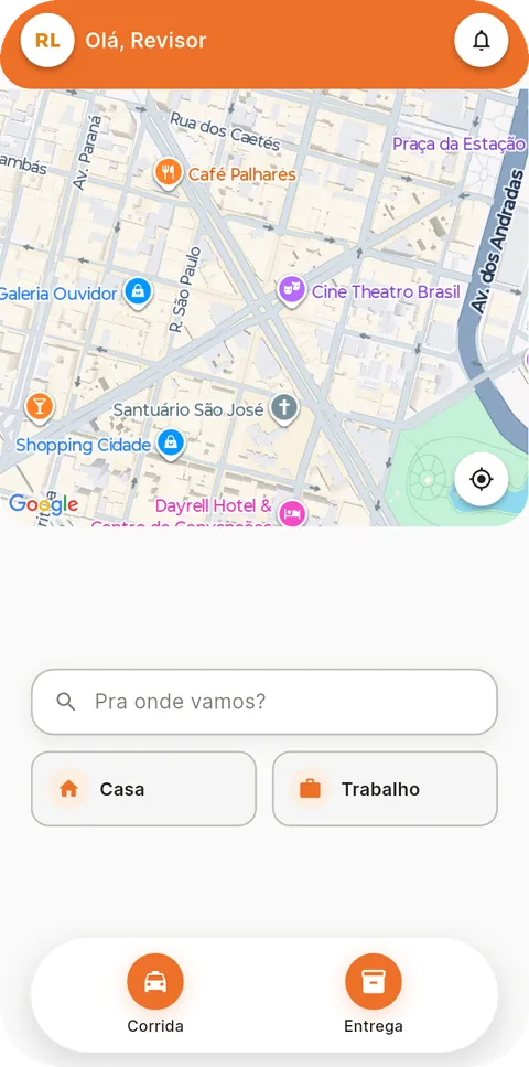 Tela inicial do app Bhmob: mapa da cidade, campo Pra onde vamos? e botões Corrida e Entrega