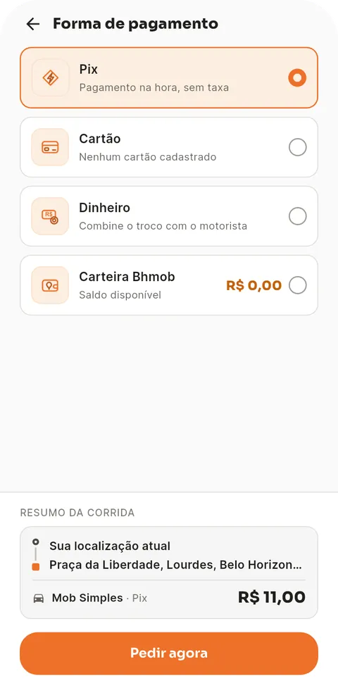 Escolha da forma de pagamento no app Bhmob